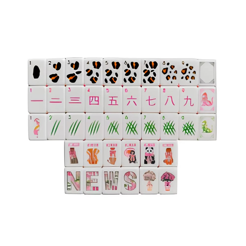 Scattered Jungle Animal American mahjong tiles, white tiles with cute wildlife illustrations, green marbled backs and orange pink striped edges