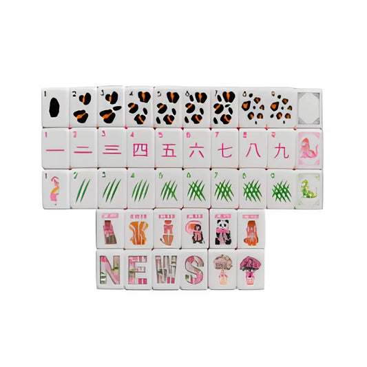 Scattered Jungle Animal American mahjong tiles, white tiles with cute wildlife illustrations, green marbled backs and orange pink striped edges