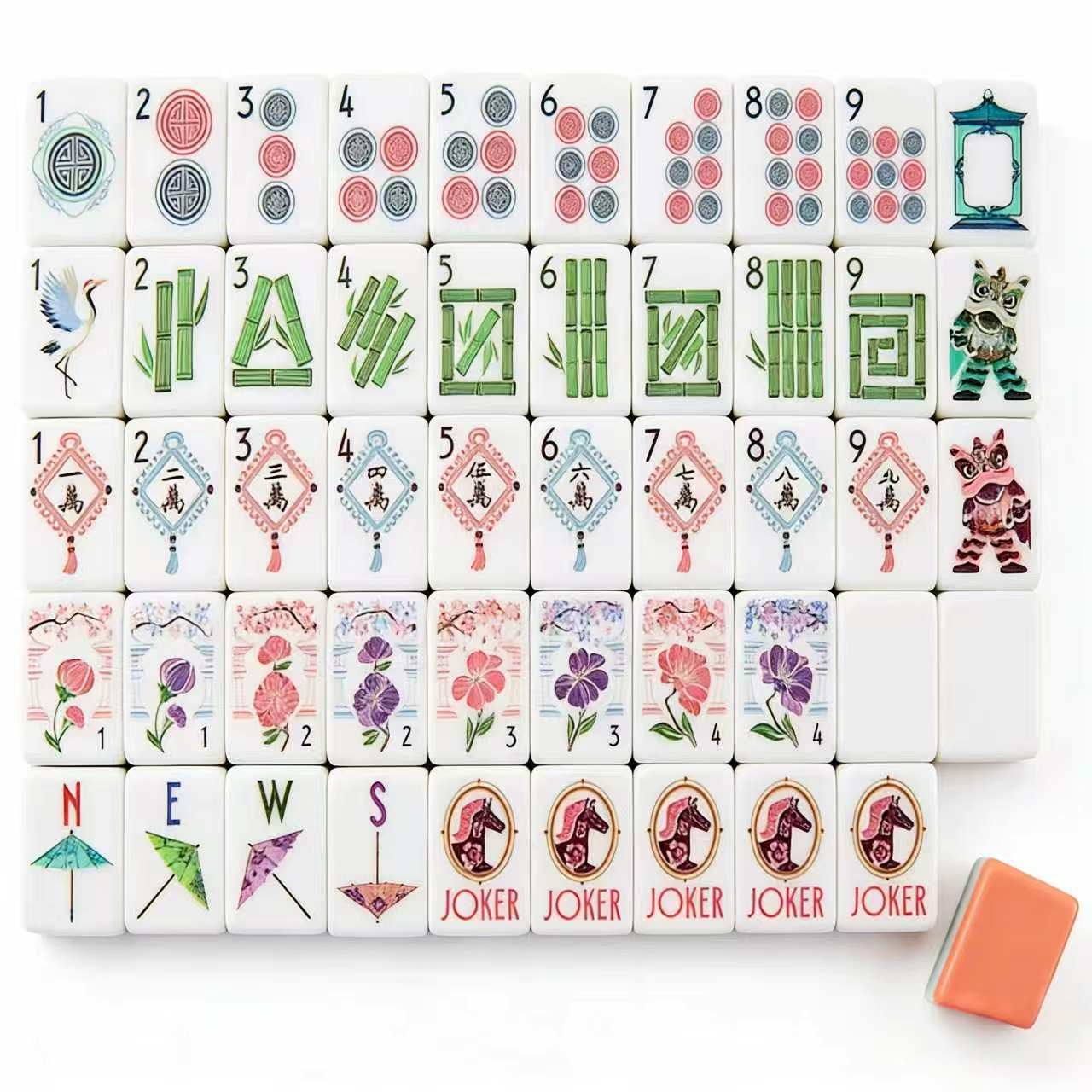 Peach Breeze Mahjong Tiles Set – Peach‑coral backs with mint‑peach striped sides, ivory fronts with lion dance, paper umbrella, crane and spring‑flower folk‑art American mahjong tiles