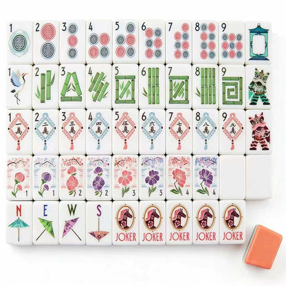 Peach Breeze Mahjong Tiles Set – Peach‑coral backs with mint‑peach striped sides, ivory fronts with lion dance, paper umbrella, crane and spring‑flower folk‑art American mahjong tiles