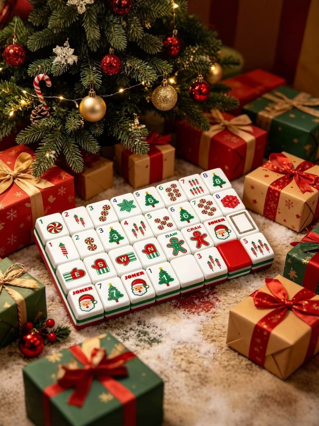 Santa Noel Mahjong Tiles Set — Red‑Green Layered Backs, Santa Claus Jokers, Gingerbread‑Man, Christmas‑Tree & Peppermint‑Candy Themed American Mahjong Tiles