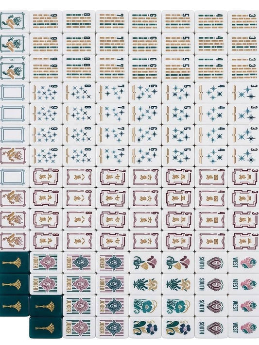 Imperial Lion Mahjong Tiles Set — Teal gold fan backs, art‑deco lion jokers, dragon peacock wind tiles vintage luxury American mahjong tiles
