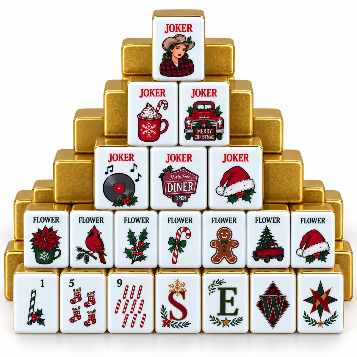 Lifestyle scene of Retro Christmas mahjong tiles arranged on wooden mahjong racks, festive holiday table setting with candles, pine branches and Christmas ornaments