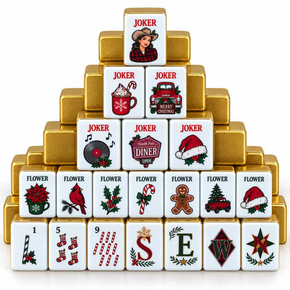 Lifestyle scene of Retro Christmas mahjong tiles arranged on wooden mahjong racks, festive holiday table setting with candles, pine branches and Christmas ornaments