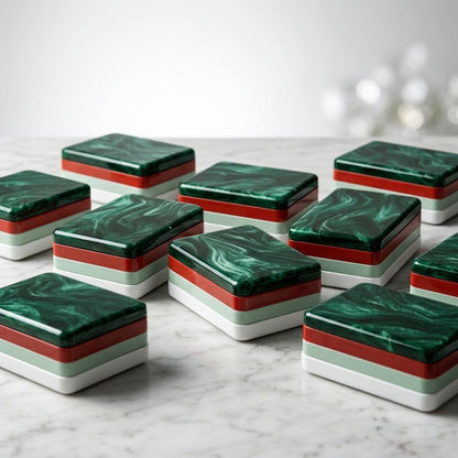 Evergreen Noel Mahjong Tiles Set – Glossy Emerald Green Marble Swirl Tile Backs with Christmas Holly Bamboo, Ornament Dot, Gold Wreath Wind & Reindeer Joker American Mahjong Suit Art