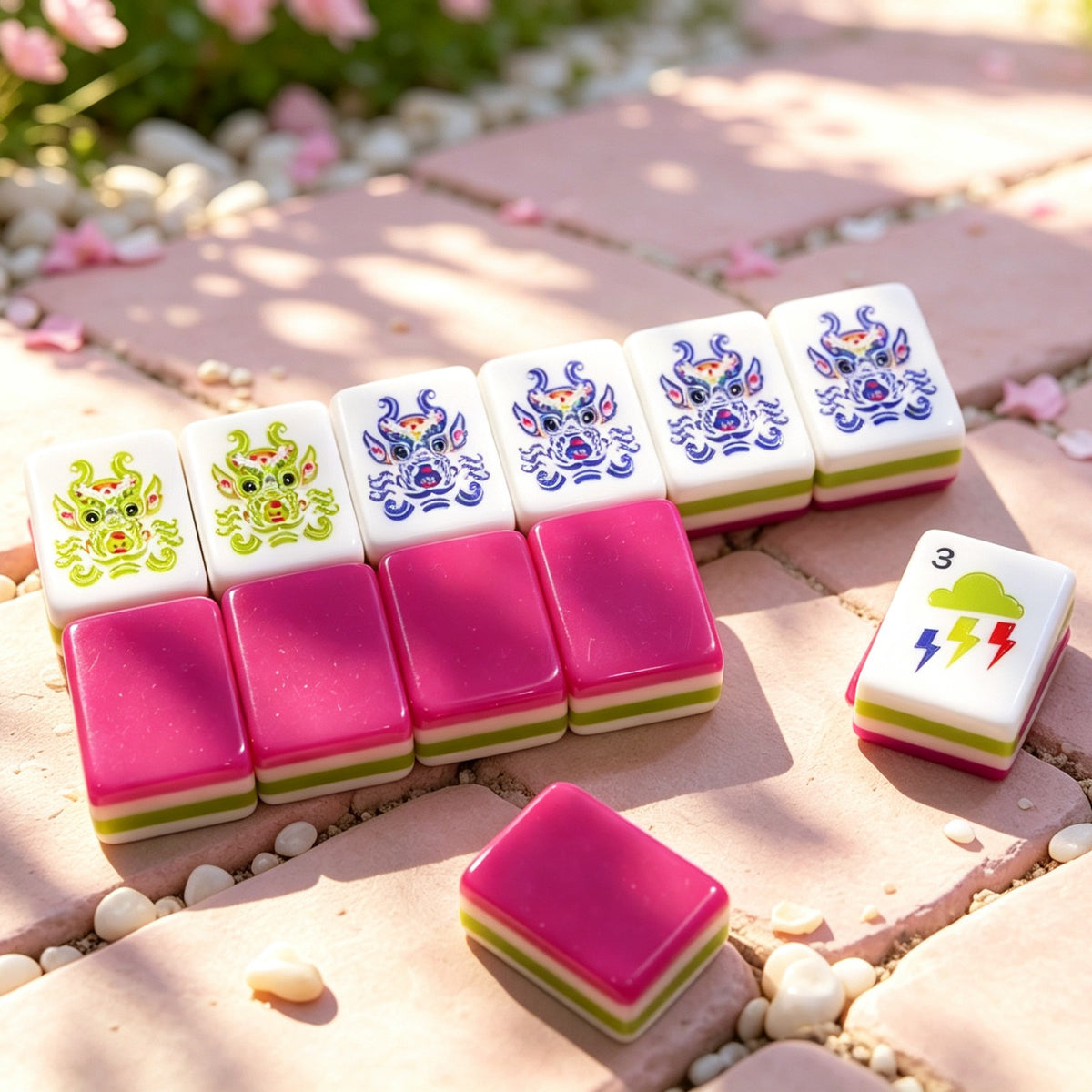 Overhead scattered pile of Strawberry Bow mahjong tiles on white background, showing glossy hot pink backs, colorful striped edges, white tile faces with strawberry heart, green bow and fruit number illustrations