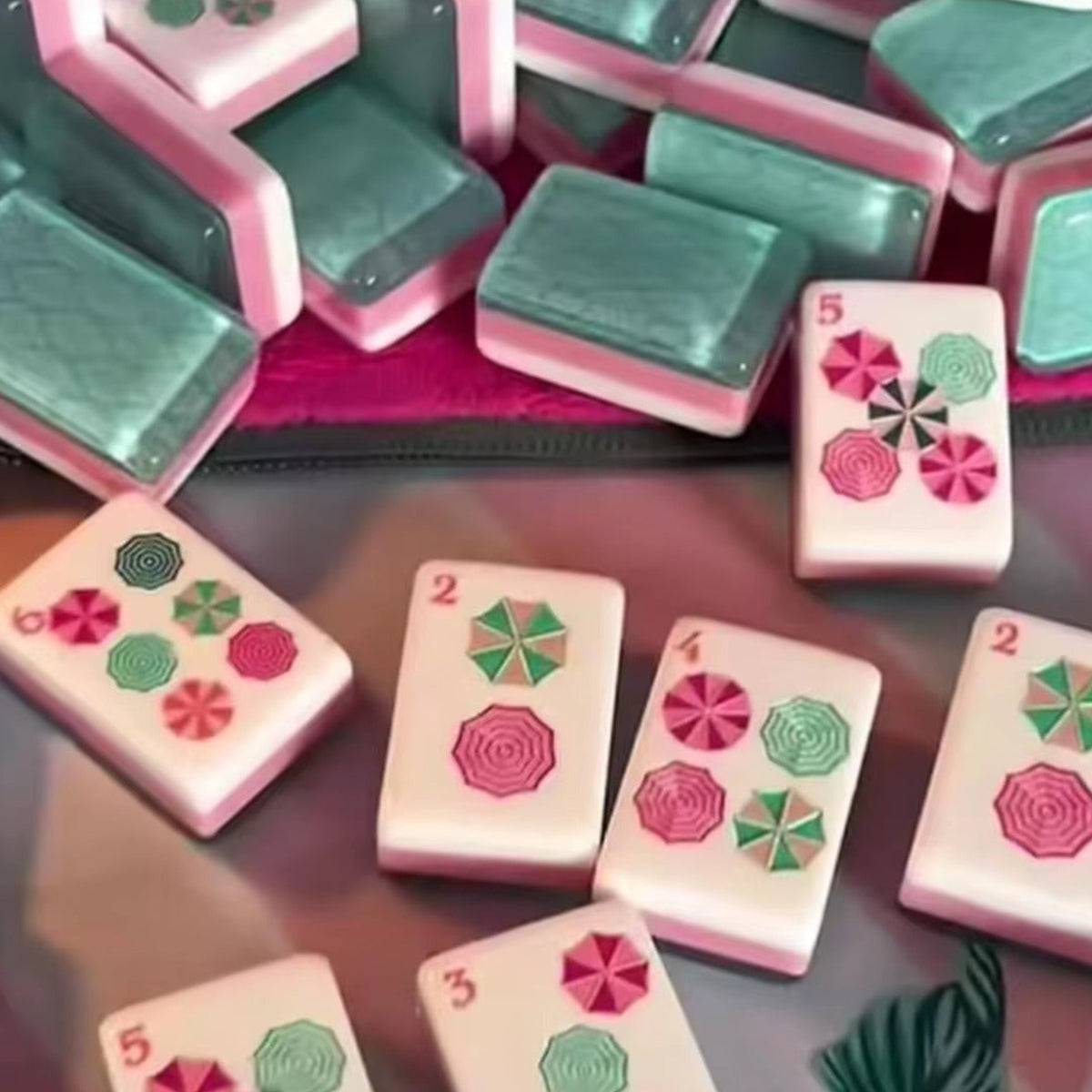Tropical Floral mahjong tiles scattered on tropical palm mat, featuring decorative umbrella pattern dot tiles