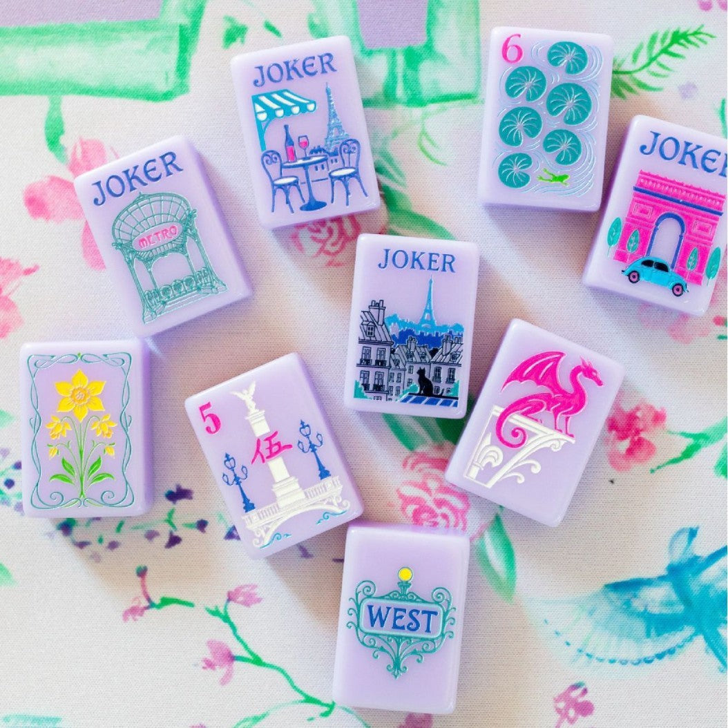 Lavender Parisian Mahjong Tiles Set — Soft pale lavender American mahjong tiles with hand‑drawn Paris landmark jokers, lily‑pad dots, botanical bamboo and vintage French romantic illustrations, 166‑tile tournament set