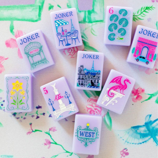 Lavender Parisian Mahjong Tiles Set — Soft pale lavender American mahjong tiles with hand‑drawn Paris landmark jokers, lily‑pad dots, botanical bamboo and vintage French romantic illustrations, 166‑tile tournament set