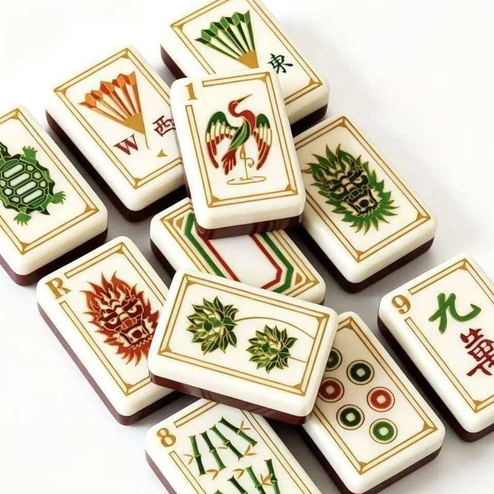 Imperial Grove mahjong tile assortment, featuring crane one‑bamboo, turtle joker, fan‑design wind tiles, dragon motif, gold outlined cream faces, burgundy backs, American mahjong display