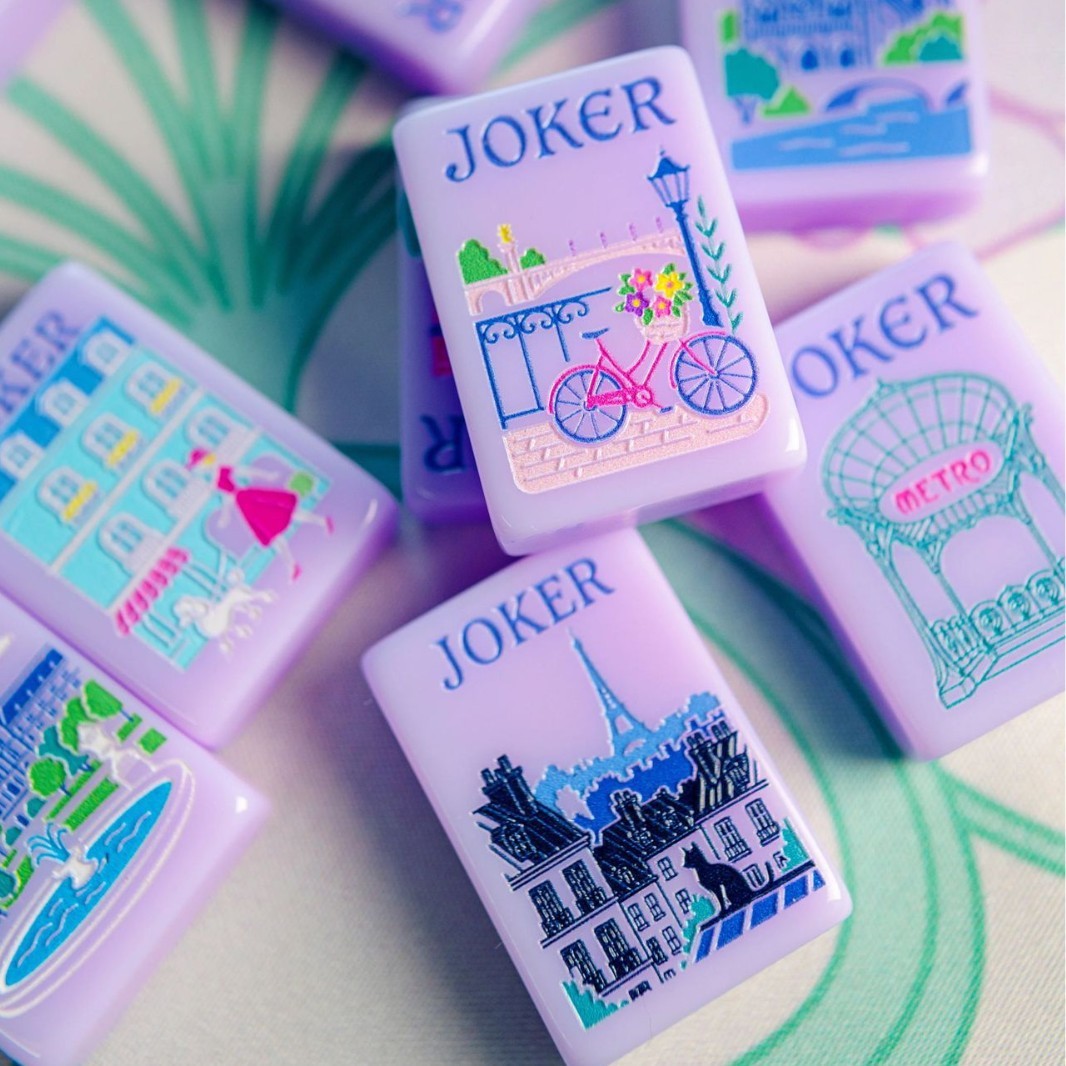 Lavender Parisian Mahjong Tiles Set — Soft pale lavender American mahjong tiles with hand‑drawn Paris landmark jokers, lily‑pad dots, botanical bamboo and vintage French romantic illustrations, 166‑tile tournament set