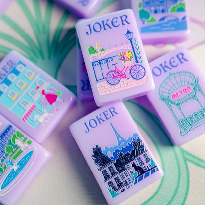 Lavender Parisian Mahjong Tiles Set — Soft pale lavender American mahjong tiles with hand‑drawn Paris landmark jokers, lily‑pad dots, botanical bamboo and vintage French romantic illustrations, 166‑tile tournament set