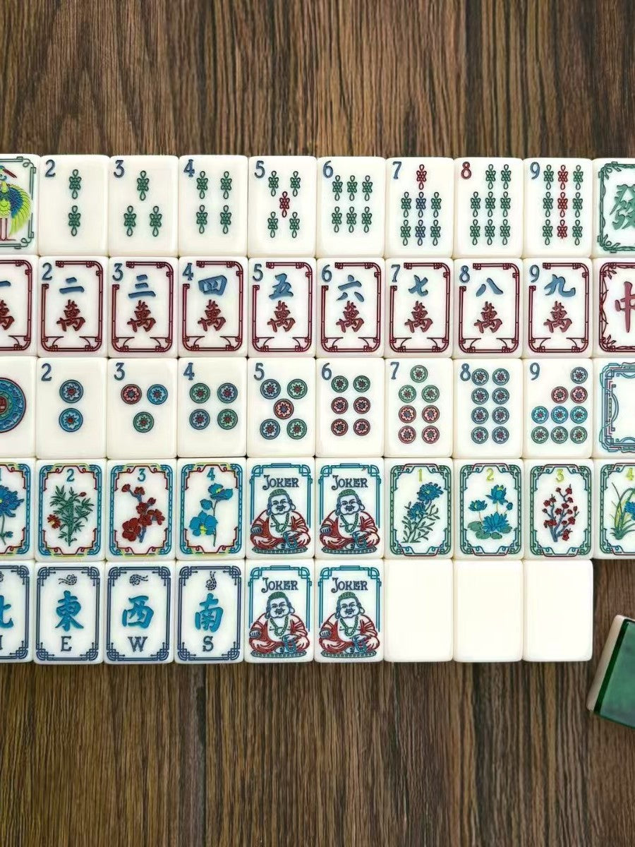 Jade Buddha Mahjong Tiles Set – Glossy Deep-Green Jade-Marble Tile Backs with Creamy Ivory Peacock-Bamboo, Chinese-Character, Circular-Dot, Four-Gentlemen-Flower & Laughing-Buddha Joker Traditional American Mahjong Suit Art