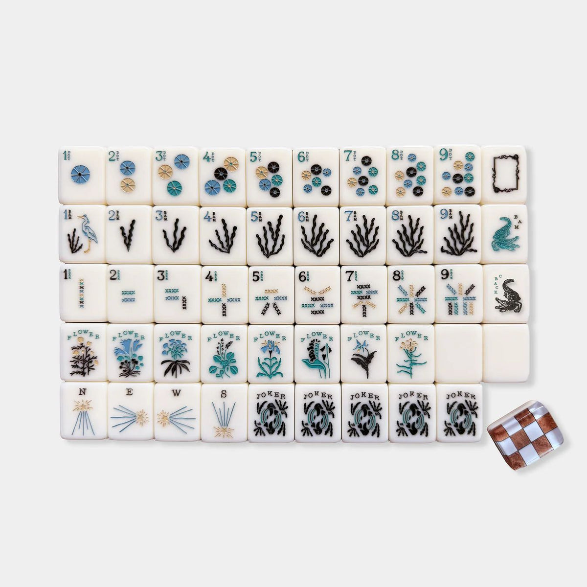 Oceanic Chronicles Mahjong Tiles Set – Brown‑Cream Checkerboard Tile Backs with Milky‑Ivory Seashell‑Dot, Seaweed‑Bamboo, Tide‑Wave‑Character, Sun‑Ray‑Wind & Marine‑Creature Joker American Mahjong Suit Art