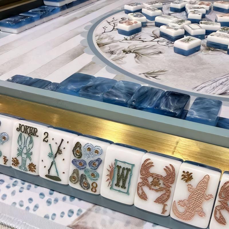 Marshland Tide Mahjong Tiles Set – Ocean-Blue Marbled Tile Backs with Hand-Sculpted Coastal Wildlife Crab, Alligator, Heron & Oyster Motif American Mahjong Suit Art