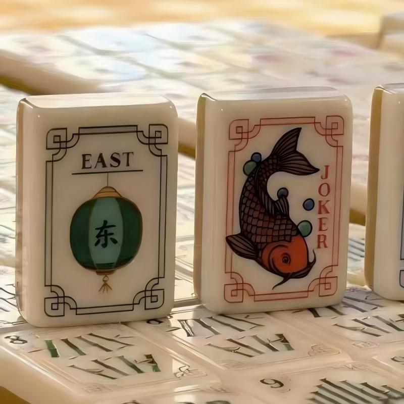Golden Crane Mahjong Tiles Set – Golden‑Olive Marbled Backs, Ivory Fronts with Red‑Crowned Crane, Koi Fish, Lantern & Ancient Coin Oriental Art American Mahjong Tiles