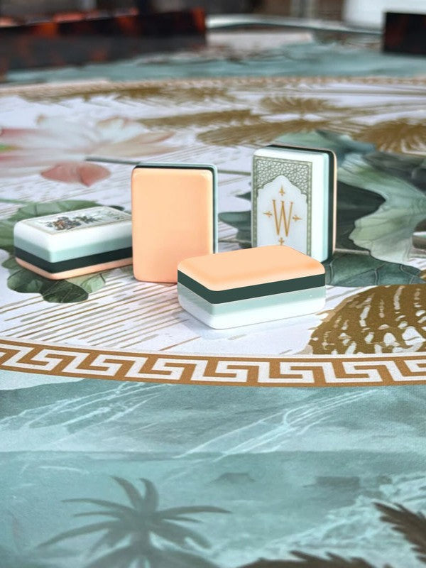 Lotus Lantern Mahjong Tiles Set – Multi‑Layer Peach‑Green Stacked Tile Backs with Cream‑White Lotus‑Dot, Bamboo‑Stalk, Pagoda‑Lantern‑Character, Arch‑Frame‑Wind & Exotic‑Creature Joker American Mahjong Suit Art