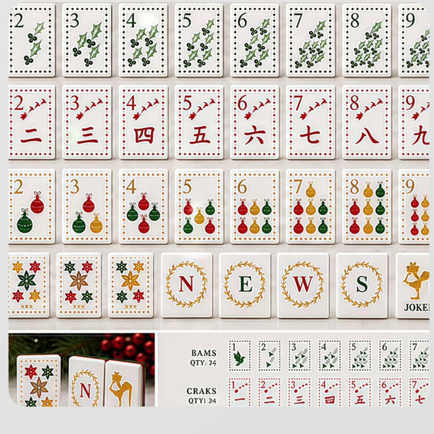 Evergreen Noel Mahjong Tiles Set – Glossy Emerald Green Marble Swirl Tile Backs with Christmas Holly Bamboo, Ornament Dot, Gold Wreath Wind & Reindeer Joker American Mahjong Suit Art
