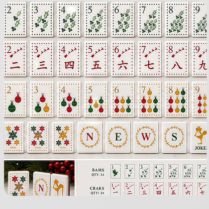 Evergreen Noel Mahjong Tiles Set – Glossy Emerald Green Marble Swirl Tile Backs with Christmas Holly Bamboo, Ornament Dot, Gold Wreath Wind & Reindeer Joker American Mahjong Suit Art