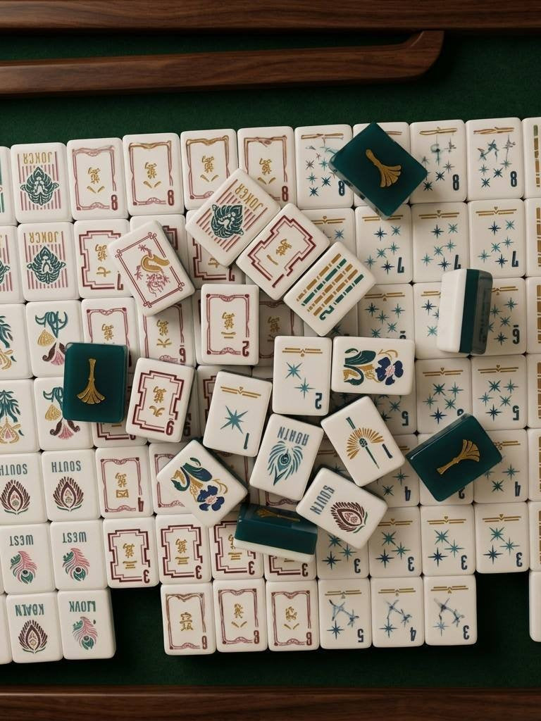 Imperial Lion Mahjong Tiles Set — Teal gold fan backs, art‑deco lion jokers, dragon peacock wind tiles vintage luxury American mahjong tiles
