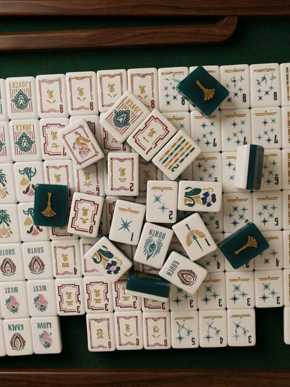 Imperial Lion Mahjong Tiles Set — Teal gold fan backs, art‑deco lion jokers, dragon peacock wind tiles vintage luxury American mahjong tiles

