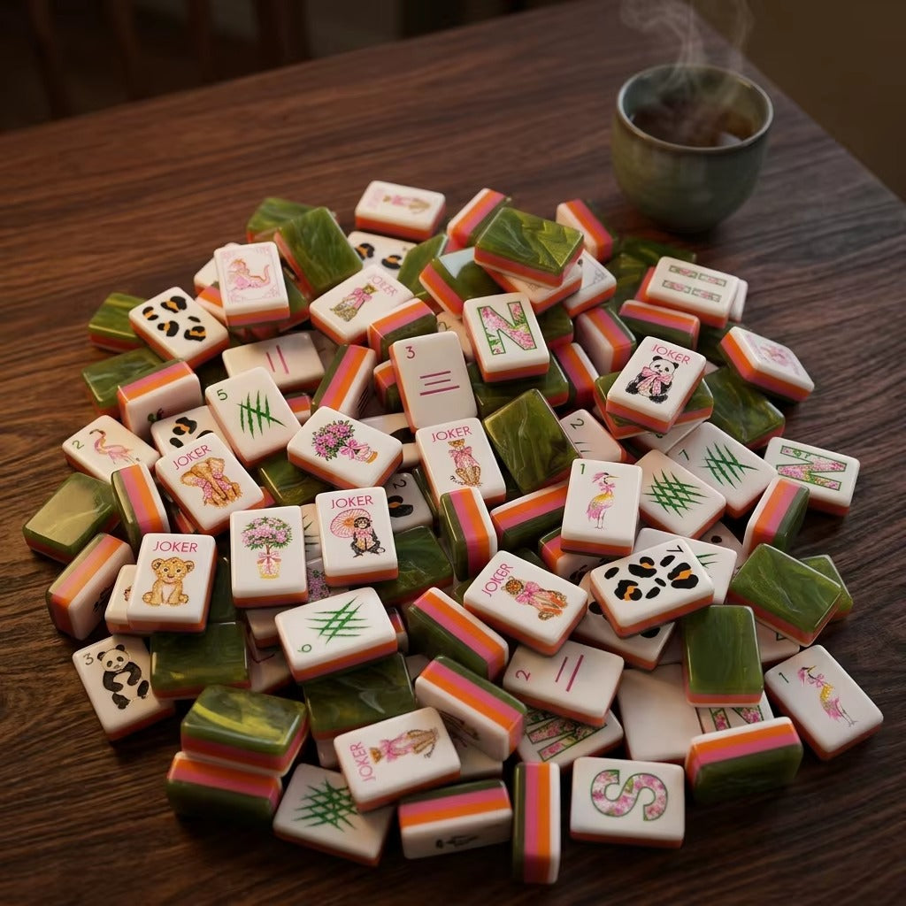 Scattered Jungle Animal American mahjong tiles, white tiles with cute wildlife illustrations, green marbled backs and orange pink striped edges