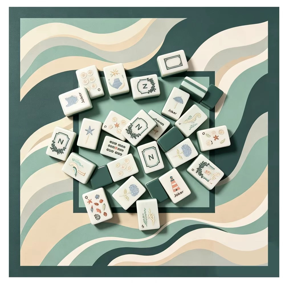 Full layout of coastal ocean American mahjong set, cream marbled tile faces with sand dollar dots, sea grass bamboo suits, seashell character tiles, nautical joker tiles and framed N E W S wind shields, deep green blank tile at corner