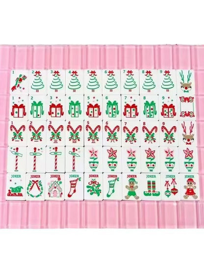 Pink Noel Mahjong Tiles Set — Milky Pastel‑Pink Layered Backs, Christmas‑Tree Bamboo, Gift‑Box Crak, Candy‑Cane Dot, Poinsettia‑Flower & Holiday‑Joker Themed American Mahjong Tiles