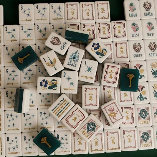 Imperial Lion Mahjong Tiles Set — Teal gold fan backs, art‑deco lion jokers, dragon peacock wind tiles vintage luxury American mahjong tiles
