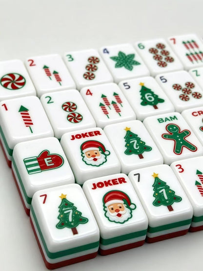 Santa Noel Mahjong Tiles Set — Red‑Green Layered Backs, Santa Claus Jokers, Gingerbread‑Man, Christmas‑Tree & Peppermint‑Candy Themed American Mahjong Tiles