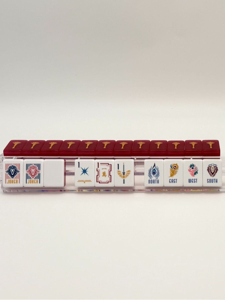 Crimson Lion Mahjong Tiles Set – Glossy Deep Burgundy Wine-Red Gold-Tassel Tile Backs with White Star-Sparkle Dot, Gold-Teal Bamboo, Red-Frame Character, Peacock-Feather Wind & Lion-Head Joker American Mahjong Suit Art