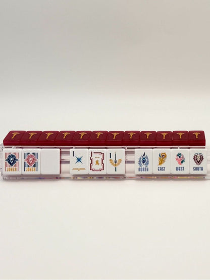 Crimson Lion Mahjong Tiles Set – Glossy Deep Burgundy Wine-Red Gold-Tassel Tile Backs with White Star-Sparkle Dot, Gold-Teal Bamboo, Red-Frame Character, Peacock-Feather Wind & Lion-Head Joker American Mahjong Suit Art