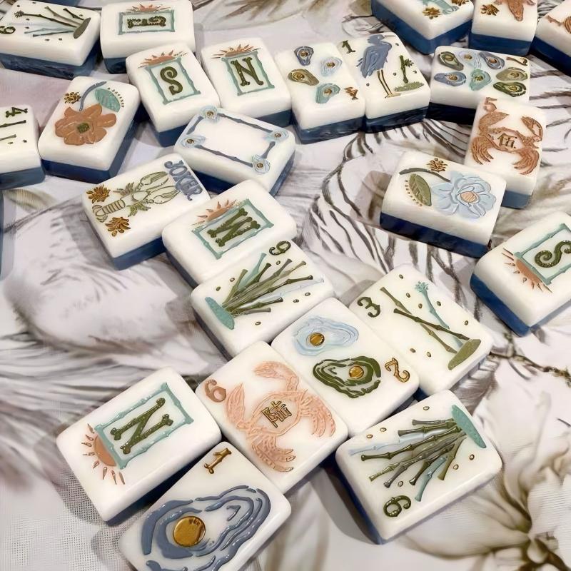 Marshland Tide Mahjong Tiles Set – Ocean-Blue Marbled Tile Backs with Hand-Sculpted Coastal Wildlife Crab, Alligator, Heron & Oyster Motif American Mahjong Suit Art