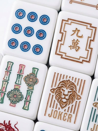 Imperial Lion Mahjong Tiles Set — Teal gold fan backs, art‑deco lion jokers, dragon peacock wind tiles vintage luxury American mahjong tiles
