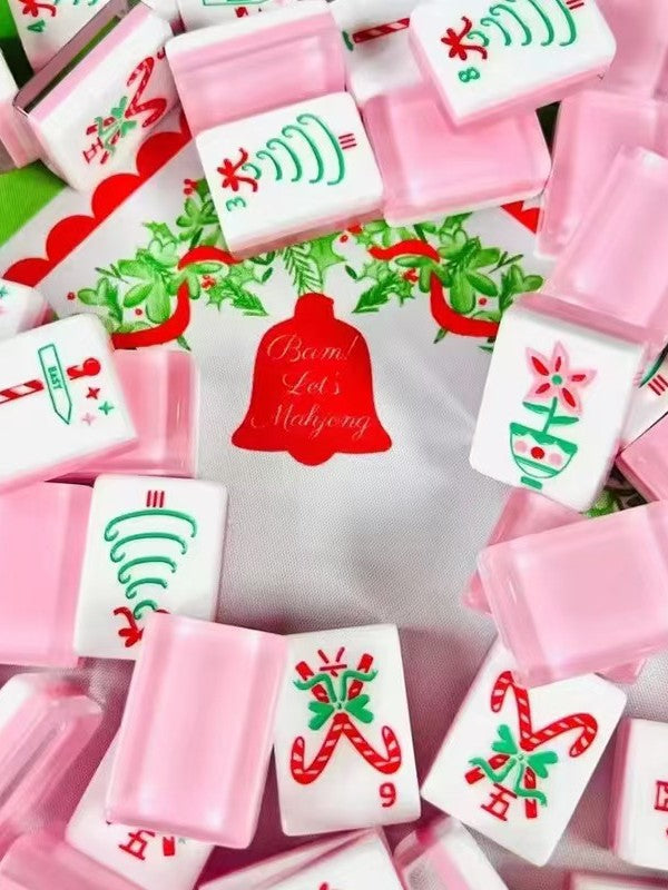 Pink Noel Mahjong Tiles Set — Milky Pastel‑Pink Layered Backs, Christmas‑Tree Bamboo, Gift‑Box Crak, Candy‑Cane Dot, Poinsettia‑Flower & Holiday‑Joker Themed American Mahjong Tiles