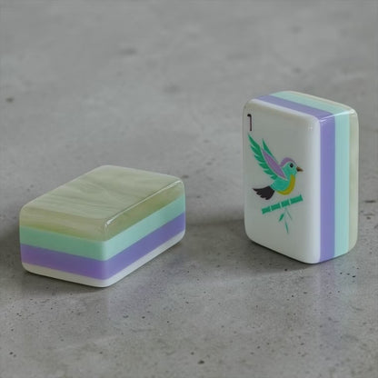 American mahjong tiles arranged on clear acrylic rack on pastel floral game mat, showing N/E/W/S fan wind tiles, bamboo and dot suits