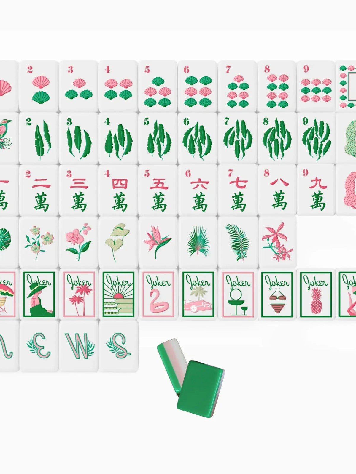 Tropical Flamingo Mahjong Tiles Set — Retro tropical American mahjong tiles with green‑pink‑white three‑layer backs, flamingo palm shell vacation‑style illustrations, 160‑tile tournament‑grade mahjong set