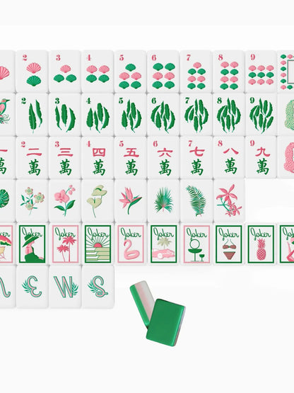 Tropical Flamingo Mahjong Tiles Set — Retro tropical American mahjong tiles with green‑pink‑white three‑layer backs, flamingo palm shell vacation‑style illustrations, 160‑tile tournament‑grade mahjong set