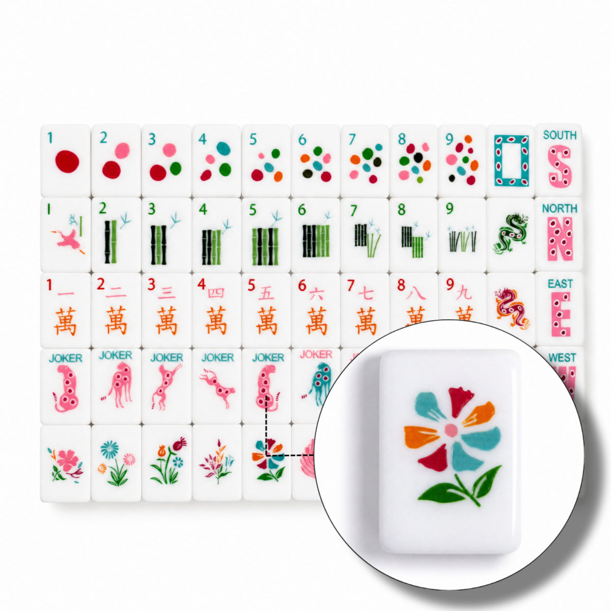 Leopard Bloom mahjong full layout with magnified flower tile detail, complete tile set showing colorful polka‑dot dots, flamingo bamboo, orange characters, leopard jokers and assorted botanical flower tiles, close‑up of multi‑color flower tile with red, teal, orange and pink petals, modern American mahjong
