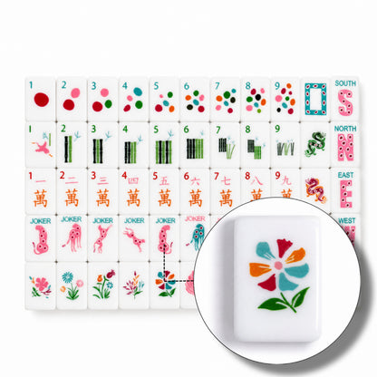 Leopard Bloom mahjong full layout with magnified flower tile detail, complete tile set showing colorful polka‑dot dots, flamingo bamboo, orange characters, leopard jokers and assorted botanical flower tiles, close‑up of multi‑color flower tile with red, teal, orange and pink petals, modern American mahjong