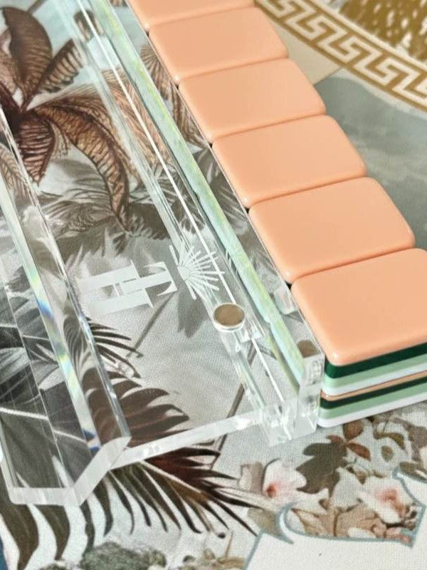 Lotus Lantern Mahjong Tiles Set – Multi‑Layer Peach‑Green Stacked Tile Backs with Cream‑White Lotus‑Dot, Bamboo‑Stalk, Pagoda‑Lantern‑Character, Arch‑Frame‑Wind & Exotic‑Creature Joker American Mahjong Suit Art