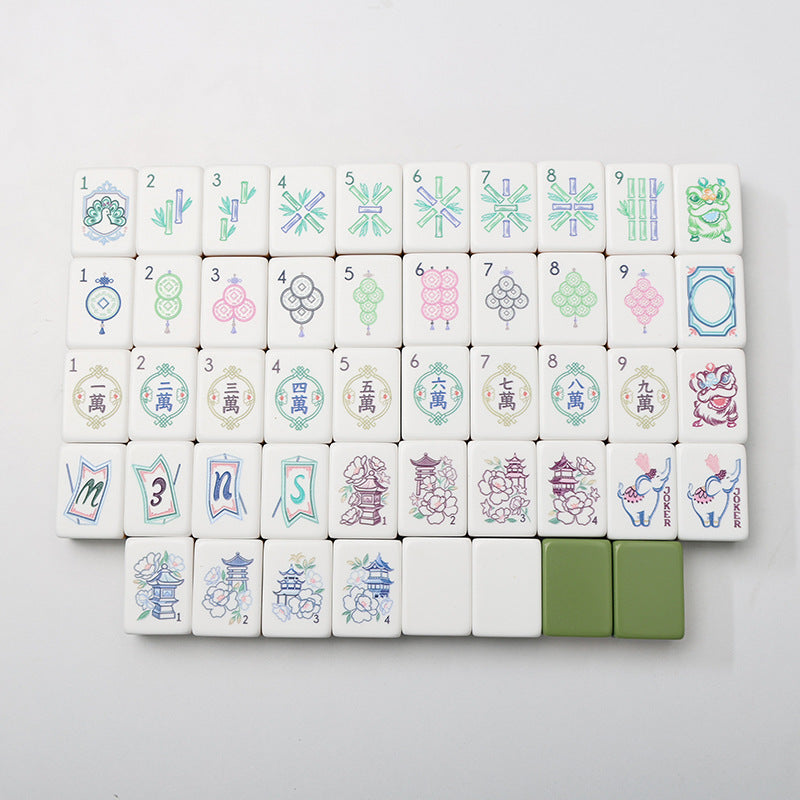 Pagoda Garden mahjong row close‑up, elephant jokers, pagoda‑peony season tiles, wind tiles, multi‑layer olive‑green mustard‑yellow navy stacked backs, 160‑tile American mahjong set