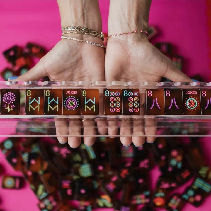 Tortoise Bloom Mahjong Tiles Set – Translucent Amber Tortoiseshell Tile Backs with Dark Brown Neon Concentric-Circle Dot, Bird-Bamboo, Pink-Character, Color-Coded Wind & Mandala Joker American Mahjong Suit Art