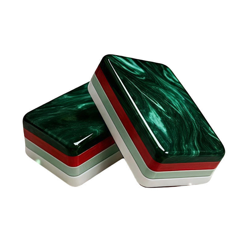 Evergreen Noel Mahjong Tiles Set – Glossy Emerald Green Marble Swirl Tile Backs with Christmas Holly Bamboo, Ornament Dot, Gold Wreath Wind & Reindeer Joker American Mahjong Suit Art