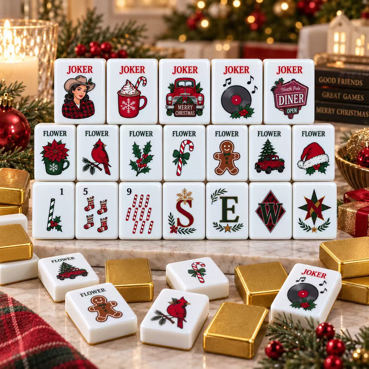 Flat lay of Retro Christmas American mahjong tiles, white tiles with vintage holiday artwork, gold textured backs, custom joker, flower and seasonal suit tiles on white background
