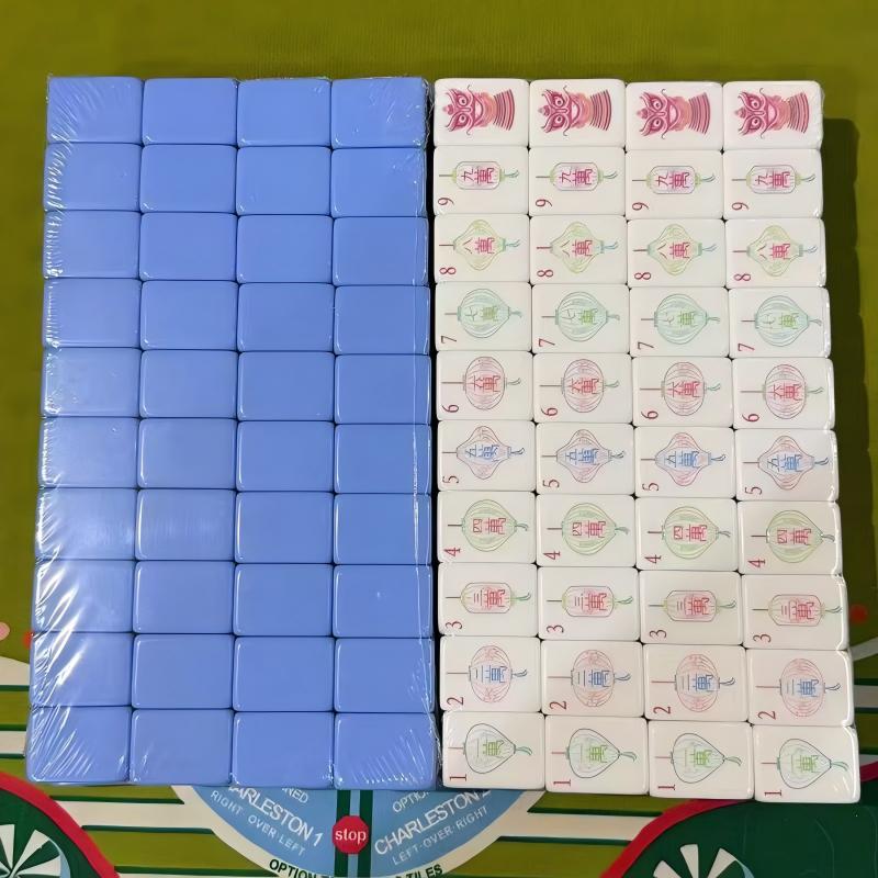 Lotus Lantern Mahjong Tiles Set — Glossy multi‑layer light‑blue backs, white tile faces with lantern‑styled characters, pastel florals, palm‑tree bamboos and decorative mask jokers, full 160‑tile American mahjong set