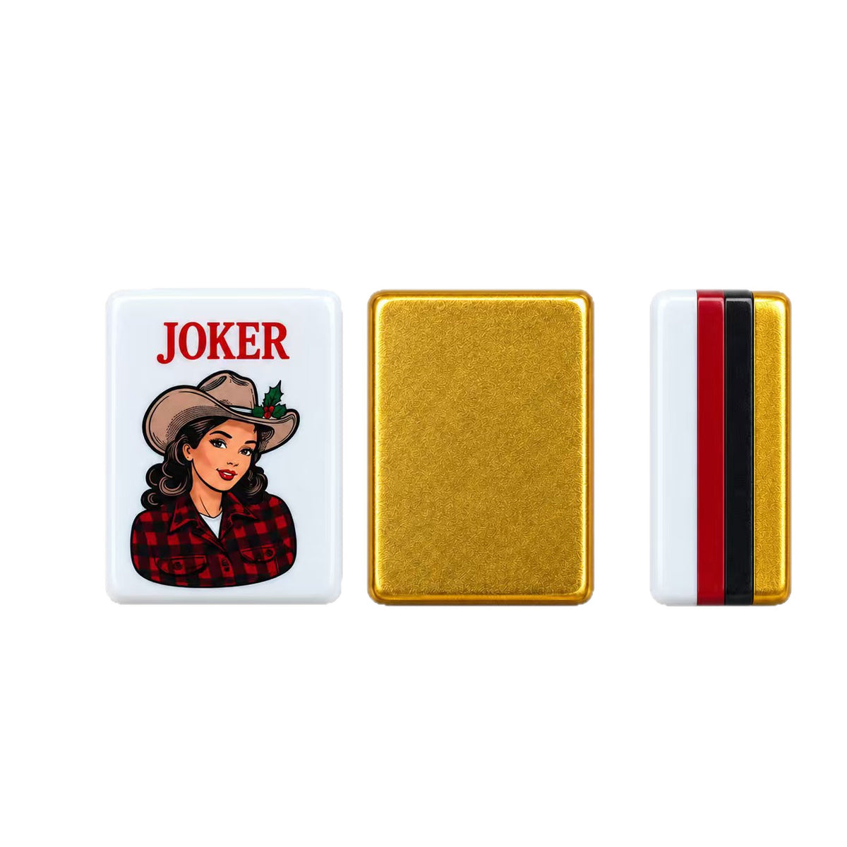 Close-up side view of Retro Christmas joker mahjong tile, front artwork of retro cowgirl joker, gold textured tile back and tile edge cross-section on white background
