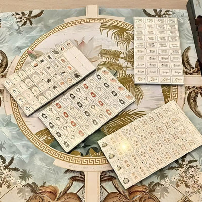 This elegant oriental‑botanical mahjong set features eye‑catching multi‑layer stacked tile backs: soft peach‑coral top layer, deep forest‑green, mint‑blue and white layered core. Tile fronts are creamy off‑white with fine vintage border details, adorned with hand‑drawn oriental artwork: lotus‑flower dot tiles, natural bamboo‑stalk bamboos, ornate pagoda‑lantern character tiles, tropical botanical flower tiles, arch‑frame wind tiles, and whimsical exotic‑creature &amp; architecture‑themed jokers. Fully compl