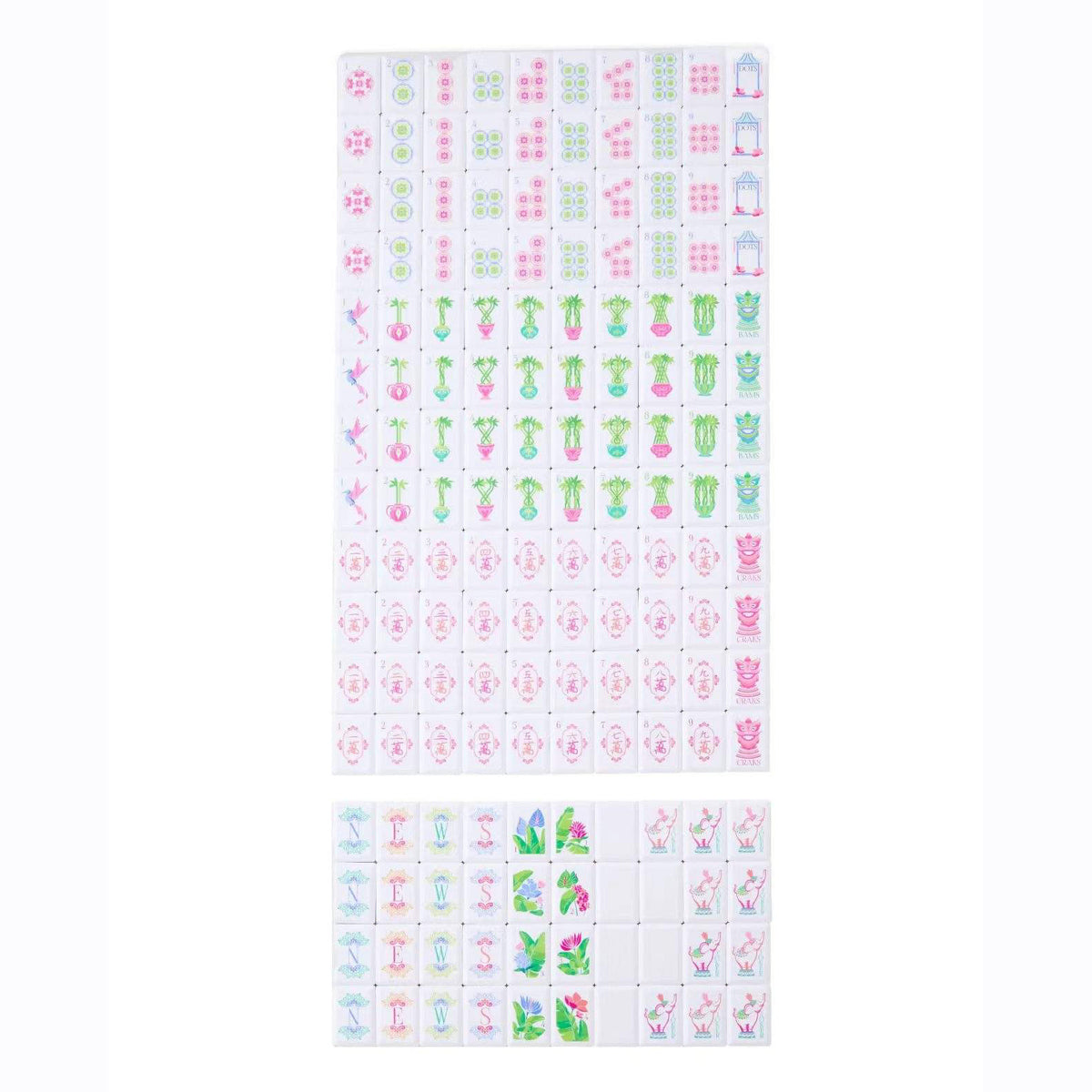 Tropical Paradise mahjong full layout sheet view, complete 160‑tile arrangement showing all character, dot, bamboo, wind, dragon, flower and joker tiles