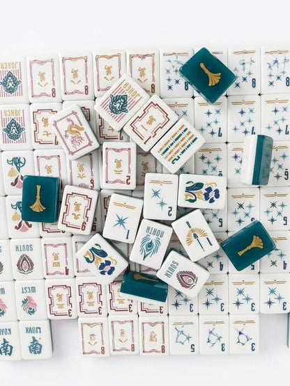 Imperial Lion Mahjong Tiles Set — Teal gold fan backs, art‑deco lion jokers, dragon peacock wind tiles vintage luxury American mahjong tiles
